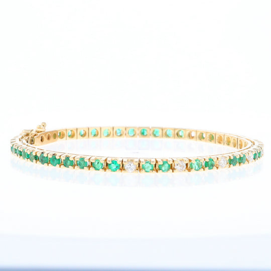 14Kt Yellow Gold Emeralds & Diamond Accent Tennis Bracelet