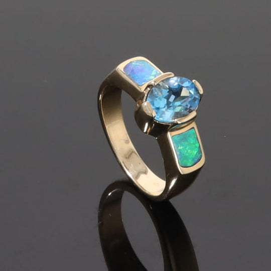 Opal Rings 2 Section Inlaid Design with Oval Swiss Blue Topaz Center