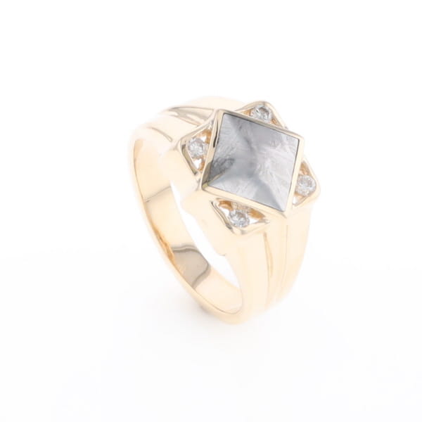 Natural Meteorite ring diamond shape inlaid design with .16ctw round diamonds