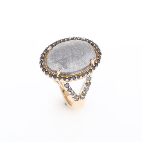 Meteorite Ring Oval Cabochon 0.65ctw Round Black Diamonds Halo