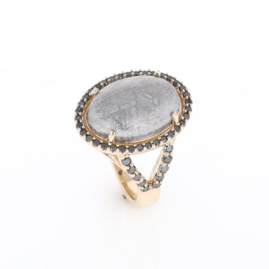 Meteorite Ring Oval Cabochon 0.65ctw Round Black Diamonds Halo