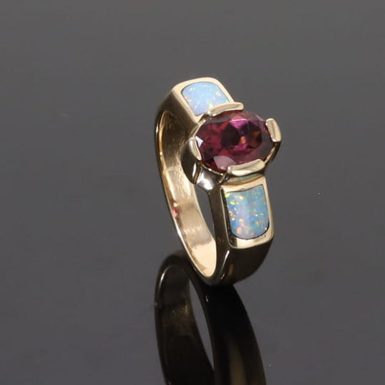 Opal Rings 2 Section Inlaid Design with Oval Pink Tourmaline
