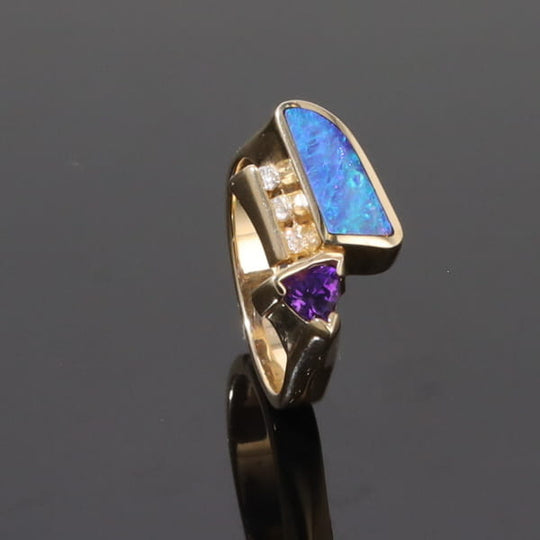 Opal Rings Geometric Inlaid with Amethyst and .08ctw Diamonds