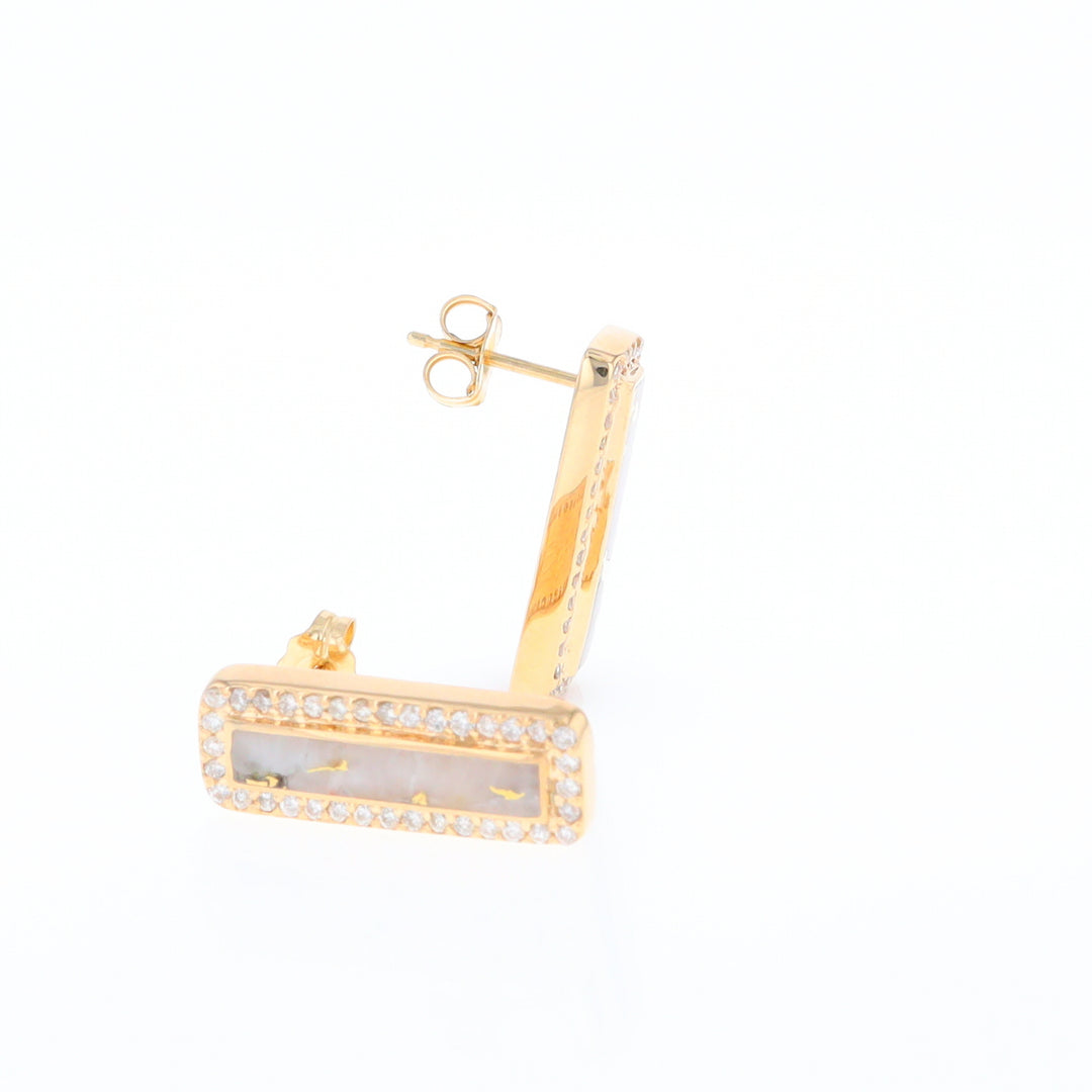 Gold Quartz Earrings Rectangle Inlaid with .50ctw Round Diamonds Halo Design