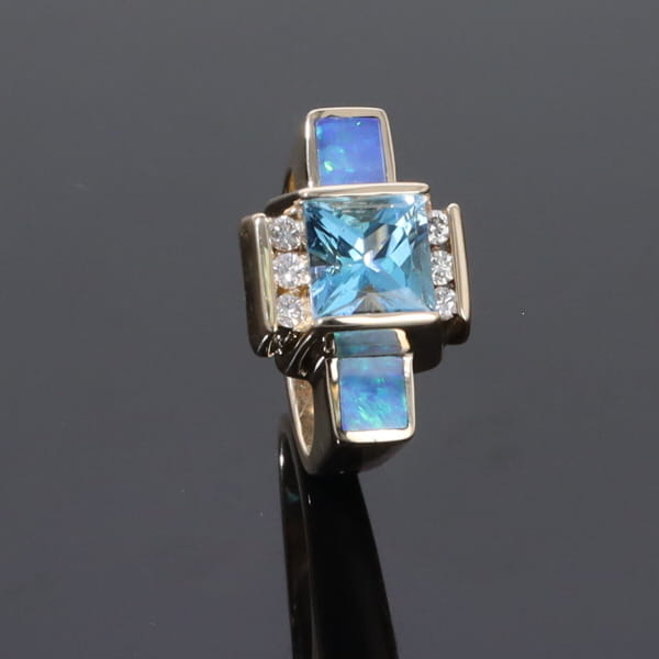 Opal Rings Inlaid Sides Swiss Blue Topaz Center with .24ctw Diamonds