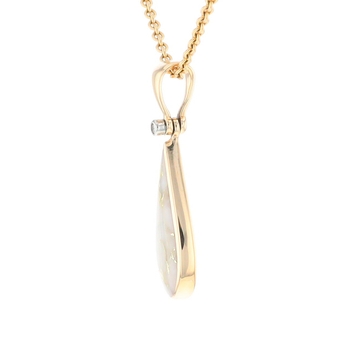 Gold Quartz Necklace Tear Drop Inlaid Pendant with .02ct Diamond