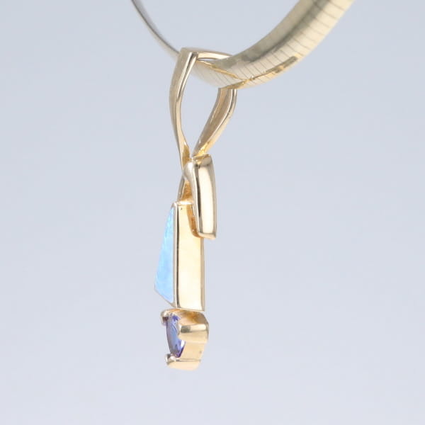Opal Pendant Triangle Inlaid Design with Trillion Cut Tanzanite