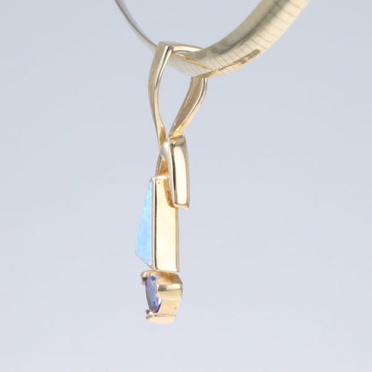 Opal Pendant Triangle Inlaid Design with Trillion Cut Tanzanite