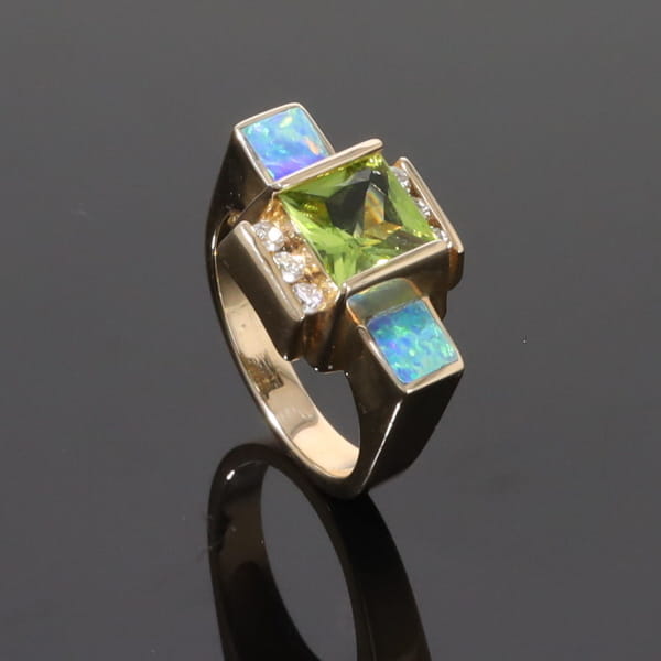 Opal Rings 2 Square Inlaid Peridot with 0.24ctw Diamonds