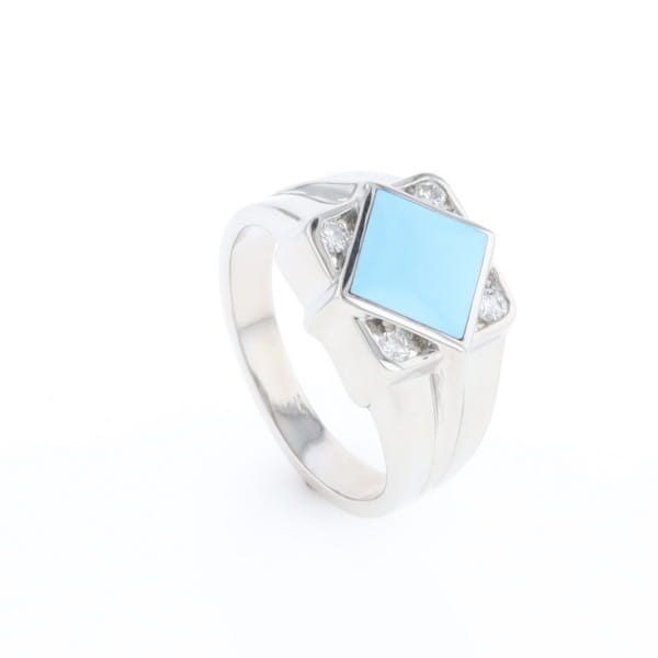 Natural Sleeping Beauty Turquoise ring diamond shape inlaid design with .16ctw round diamonds