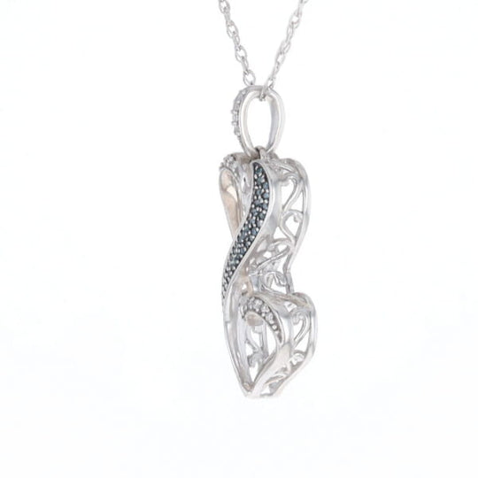 Blue and White Diamond Double Open Heart Pendant with 16" Singapore Chain