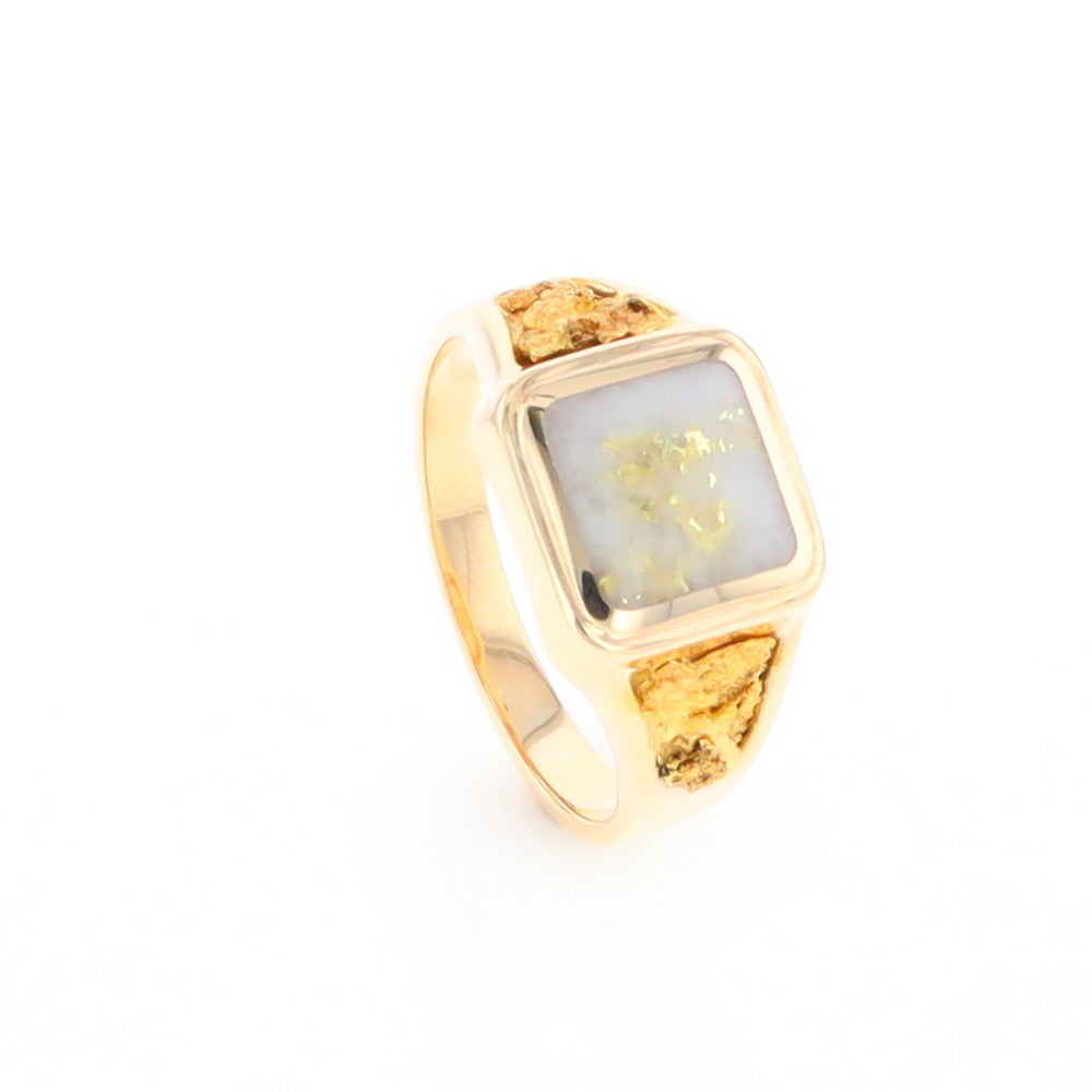 Gold Quartz Ring Square Inlaid Center Design with Natural Nugget Sides