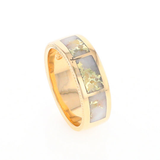 Gold Quartz Ring 3 Section Rectangle Inlaid Band with Milgrain Design