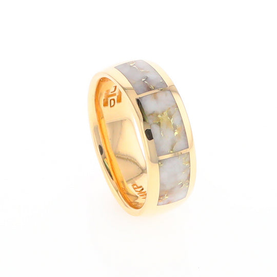 Gold Quartz Ring 3 Section Rectangle Inlaid Design Band