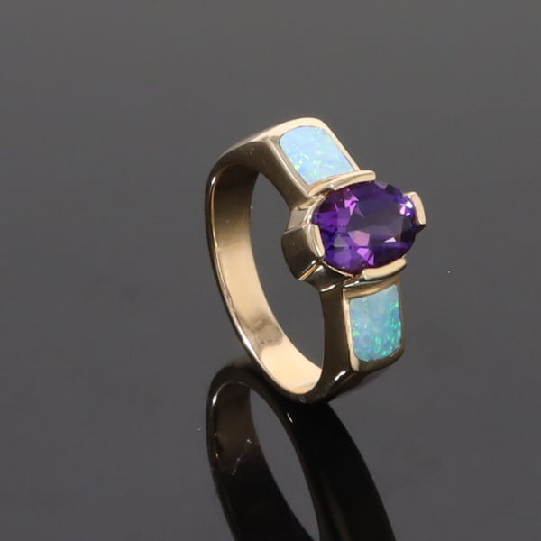 Opal Rings 2 Section Inlaid Design with Oval Amethyst Center