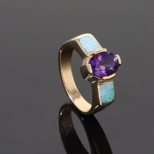 Opal Rings 2 Section Inlaid Design with Oval Amethyst Center