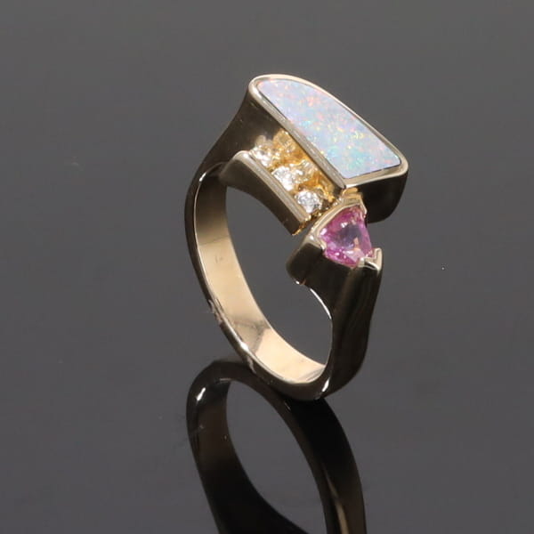 Opal Rings Geometric Inlaid with Pink Sapphire and .08ctw Diamonds