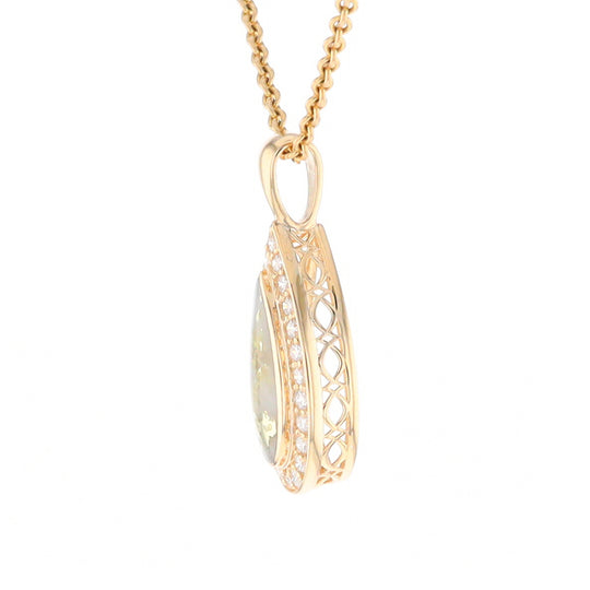 Gold Quartz Pendant Tear Drop Inlaid .42ctw Diamond Halo Design