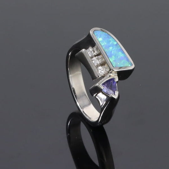 Opal Rings Geometric Inlaid Design with Tanzanite and .08ctw Diamonds