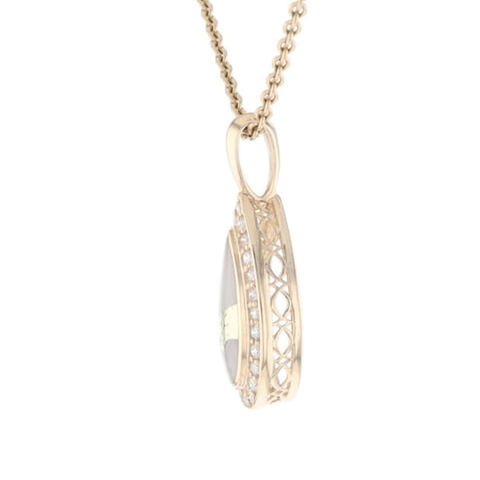 Gold Quartz Pendant Tear Drop Inlaid .42ctw Diamond Halo Design