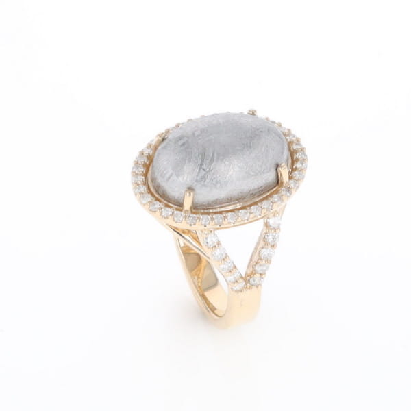 Meteorite Ring Oval Cabochon 0.65ctw Round Diamonds Halo