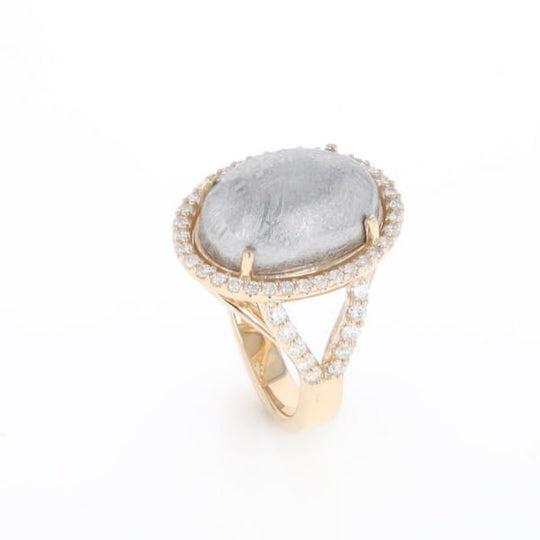Meteorite Ring Oval Cabochon 0.65ctw Round Diamonds Halo