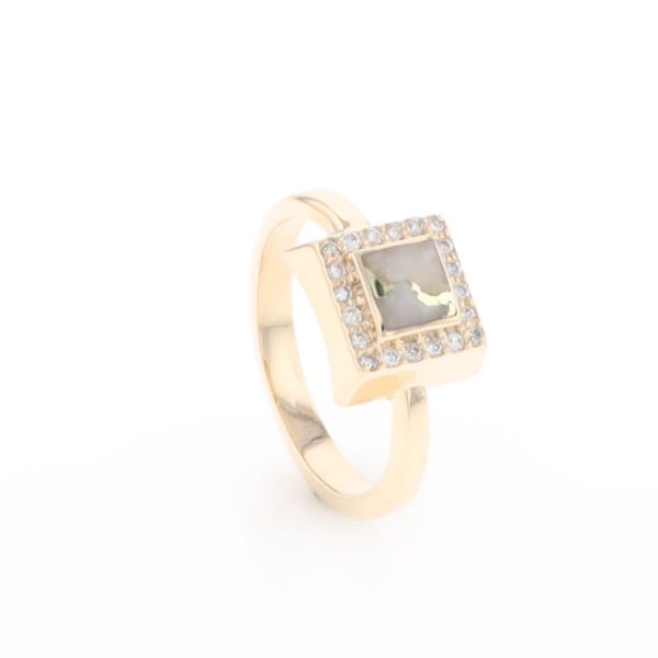 Gold Quartz Ring Square Inlaid Halo .14ctw Diamonds Design