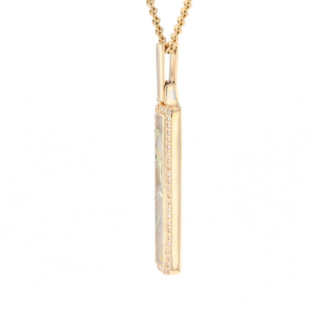 Gold Quartz Necklace, Rectangle Inlaid, .27ctw Diamond Halo Pendant