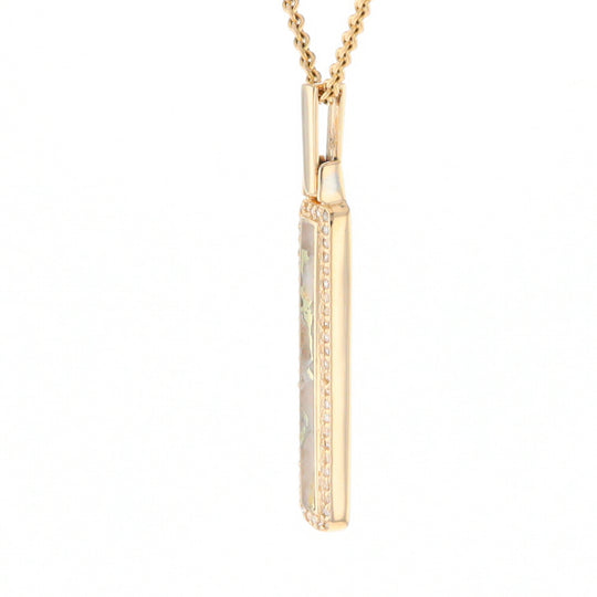 Gold Quartz Necklace, Rectangle Inlaid, .27ctw Diamond Halo Pendant