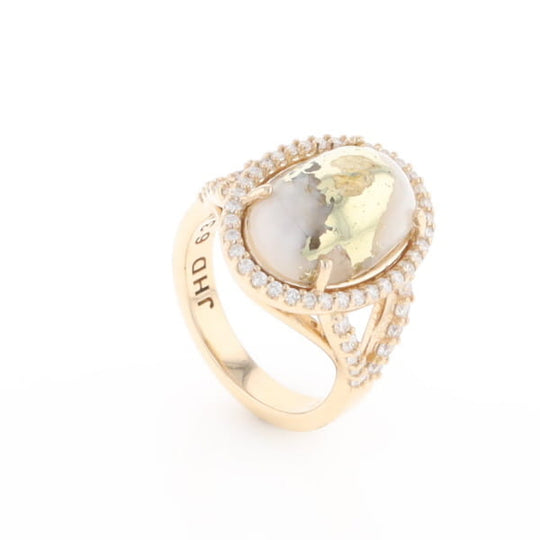 Gold Quartz Ring Oval Cabochon 0.65ctw Round Diamonds Halo