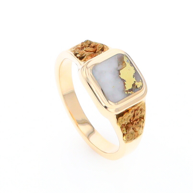 Gold Quartz Ring Square Inlaid Design Double Natural Nugget Sides