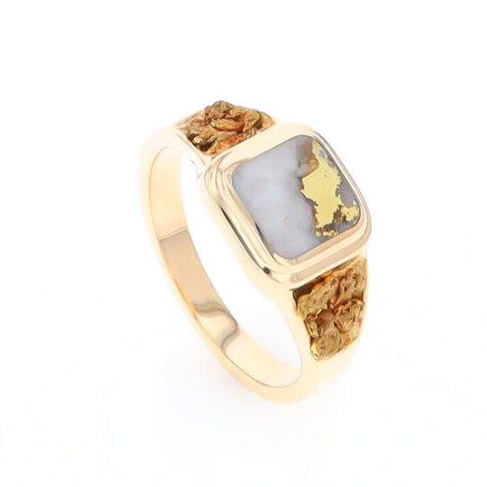 Gold Quartz Ring Square Inlaid Design Double Natural Nugget Sides