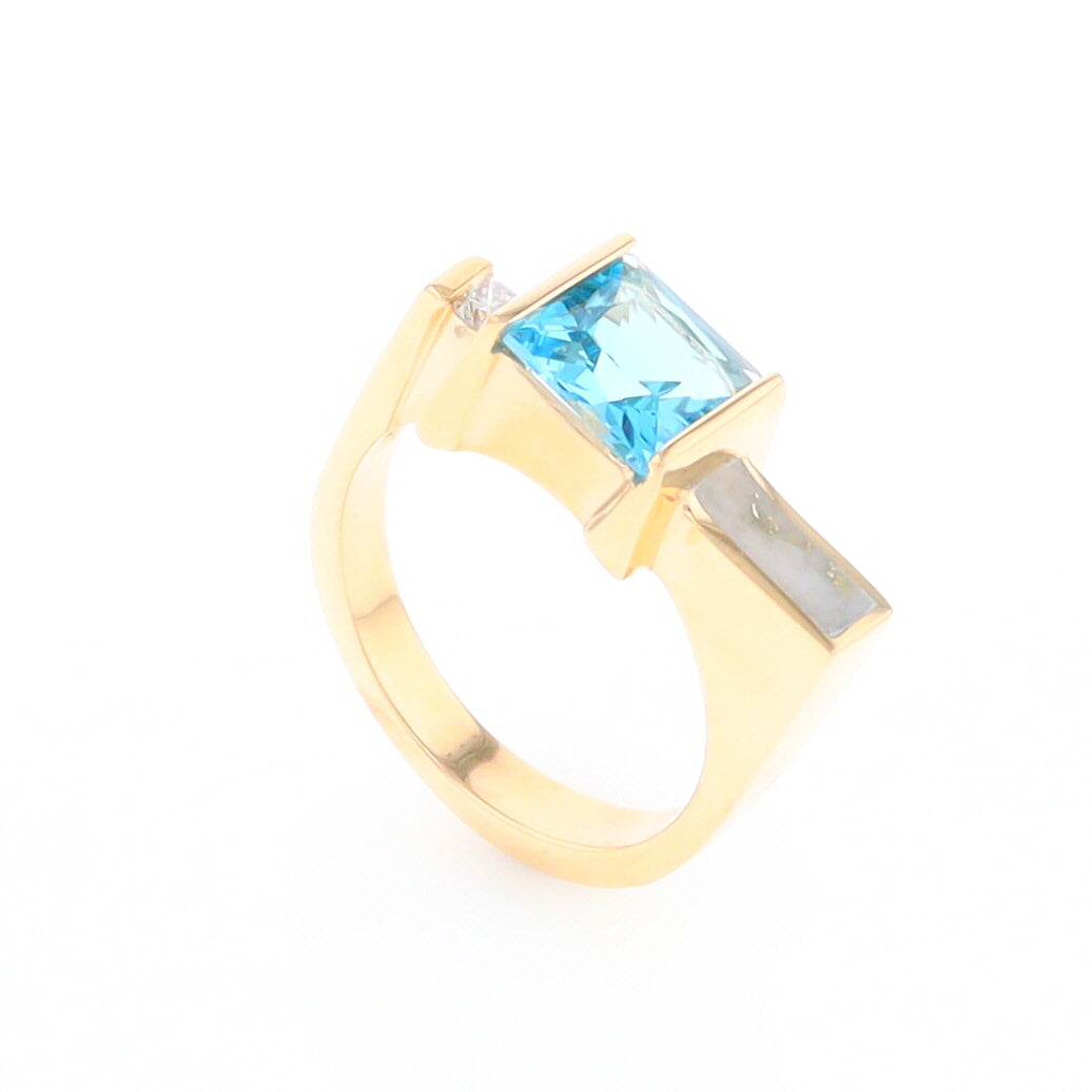 Gold Quartz Ring Rectangle Inlay Swiss Blue Topaz .06ct Round Diamond