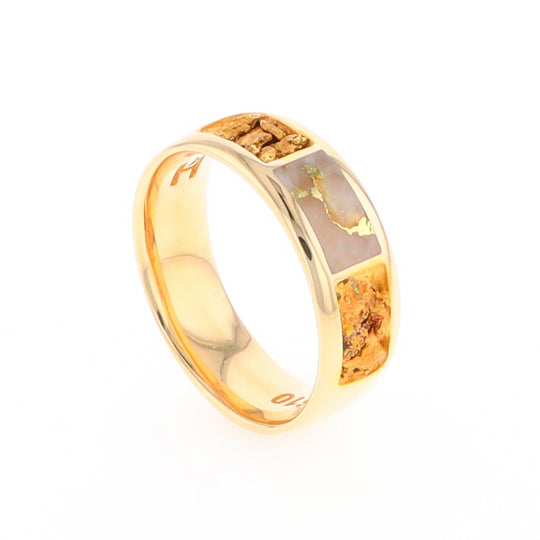 Gold Quartz Ring Rectangle Inlaid with Natural Nugget Sides