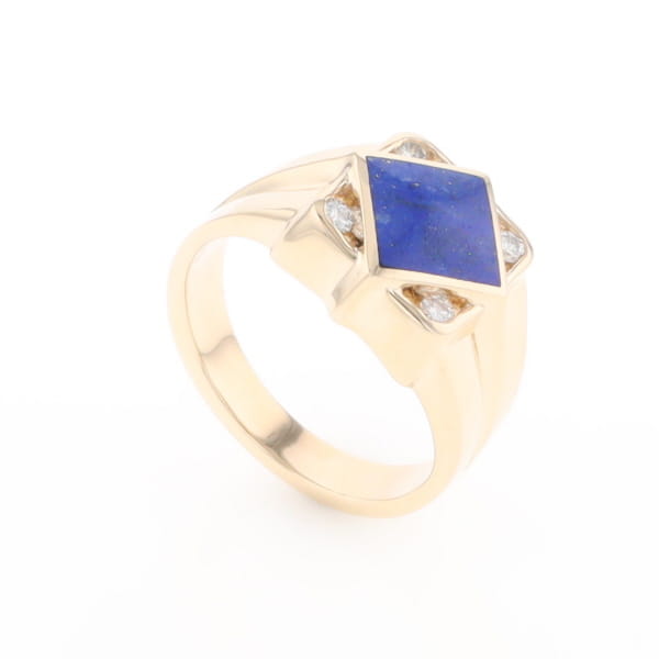 Natural Lapis ring diamond shape inlaid design with .16ctw round diamonds