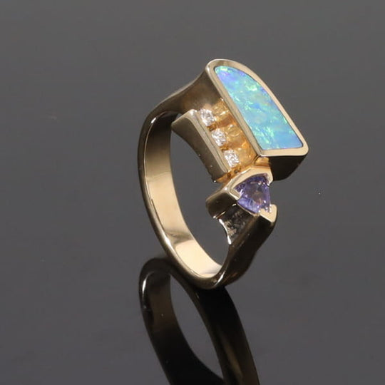 Opal Rings Geometric Inlaid with Tanzanite and .08ctw Round Diamonds