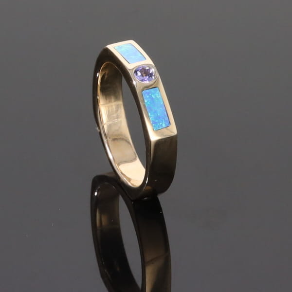 Opal Rings 2 Section Inlaid Design with Round Tanzanite