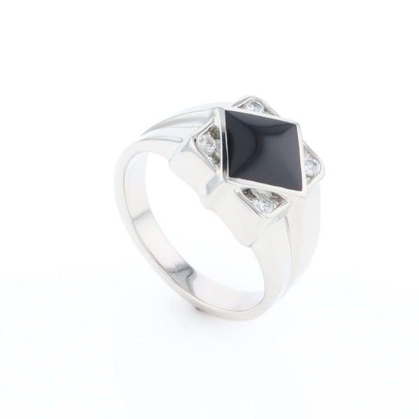 Natural onyx ring diamond shape inlaid design with .16ctw round diamonds