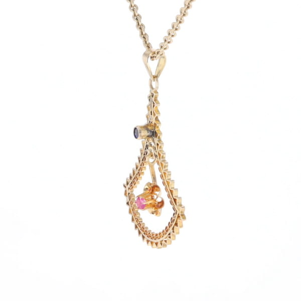 Vintage Buttercup Dangle Ruby Scrollwork Pendant