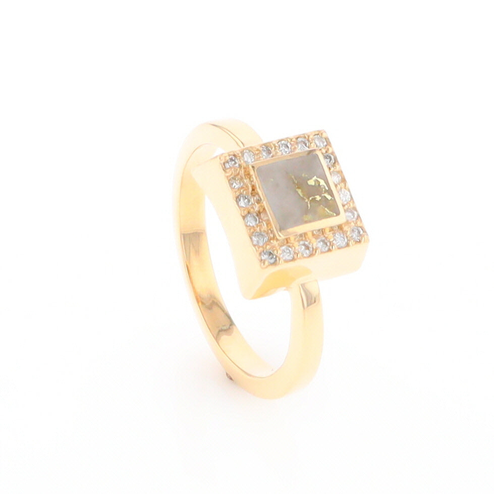 Gold Quartz Ring Square Inlaid Halo .14ctw Diamonds Design