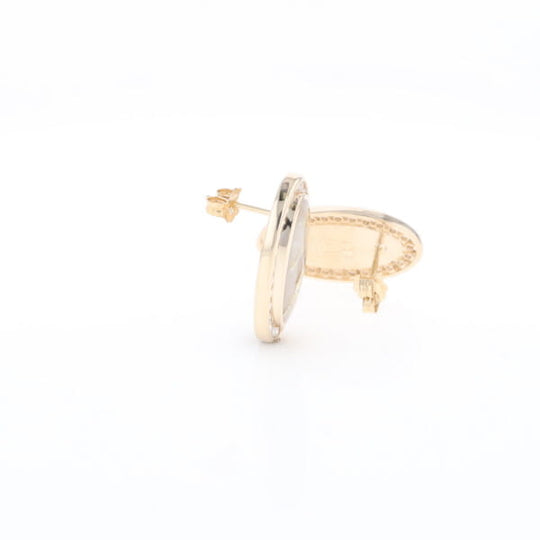 Gold Quartz Earrings Oval Inlaid Design .73ctw Round Diamonds Halo G2