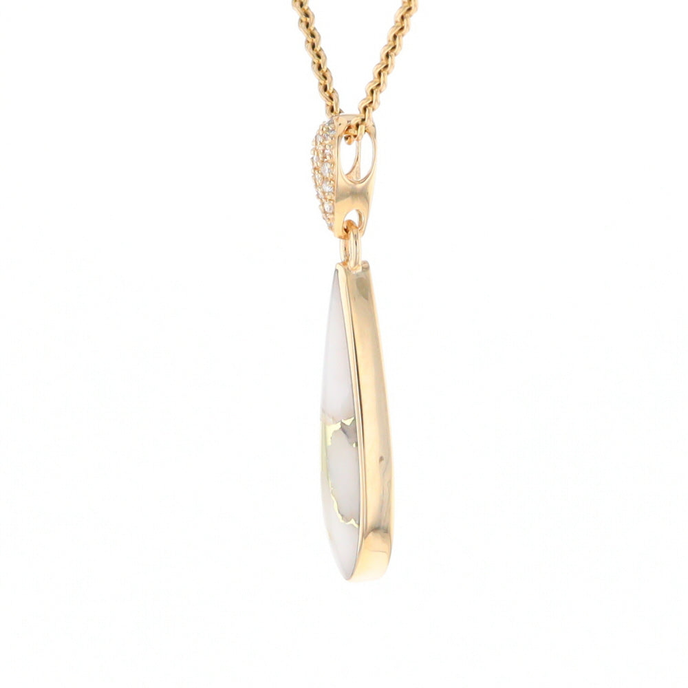 Gold Quartz Necklace, Tear Drop Inlaid Design with 0.11ctw Diamond Pave Pendant G2