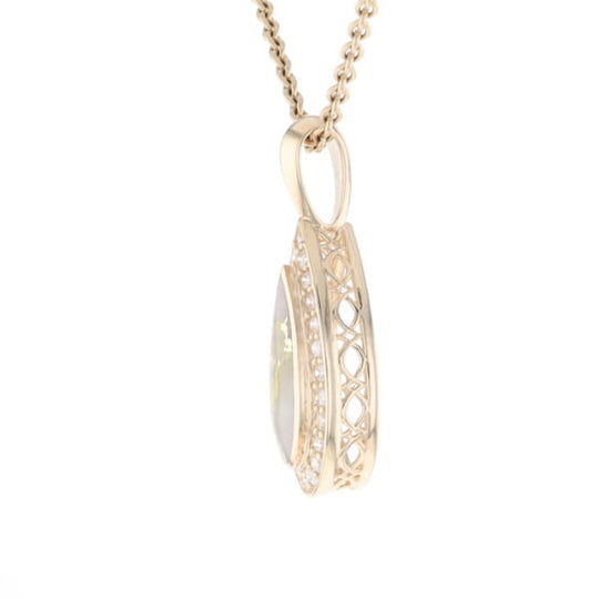 Gold Quartz Pendant Tear Drop Inlaid .42ctw Diamond Halo Design