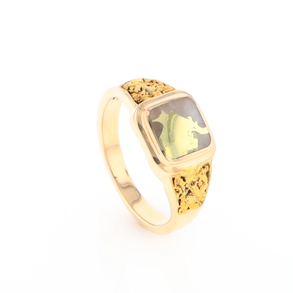 Gold Quartz Ring Square Inlaid Design Double Natural Nugget Sides