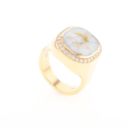 Gold Quartz Cushion Inlaid Men's Ring with Diamond Halo