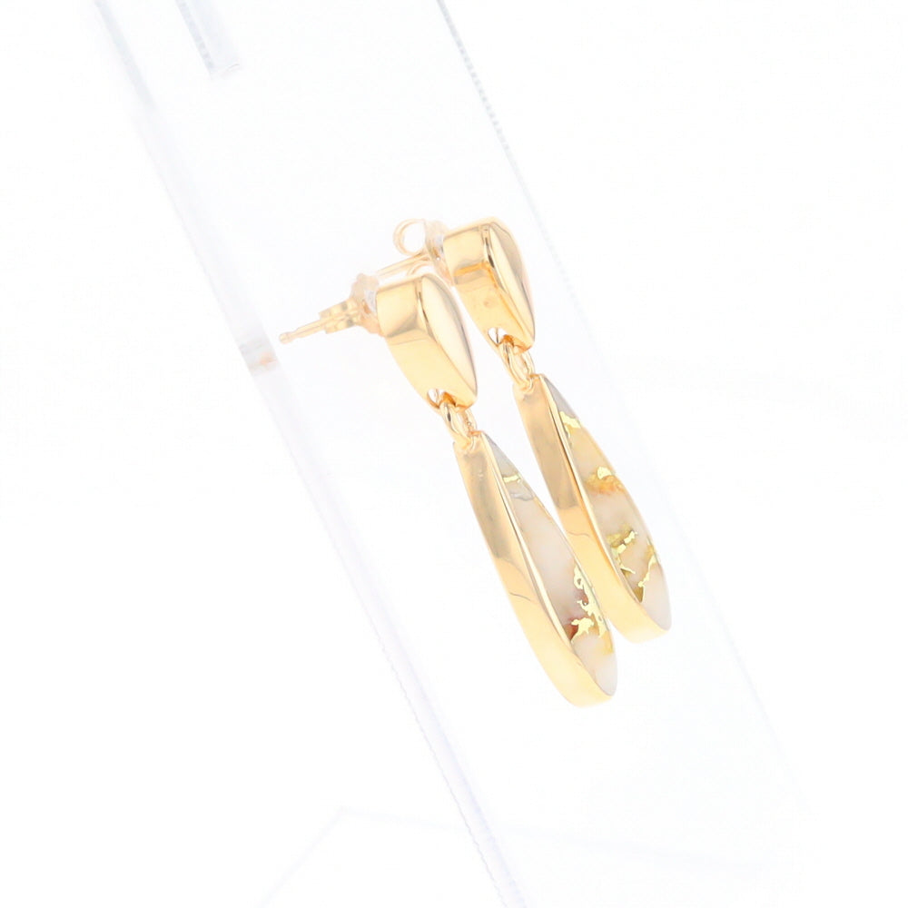 Gold Quartz Earrings Tear Drop Inlaid Design