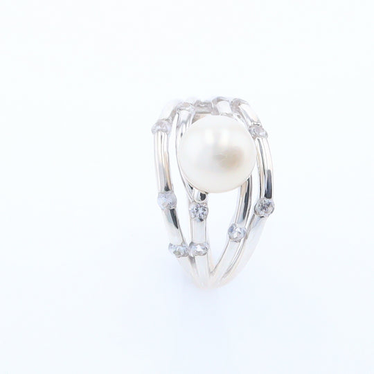 Pearl Bamboo Ring with Cubic Zirconia Accents