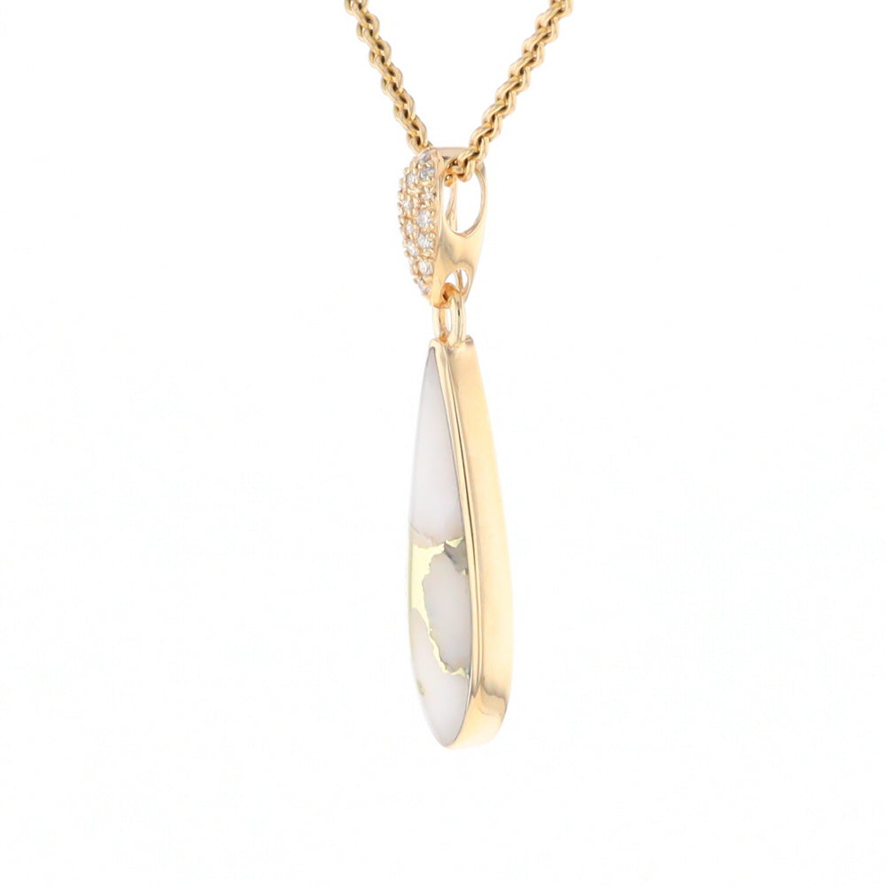 Gold Quartz Necklace, Tear Drop Inlaid Design with 0.11ctw Diamond Pave Pendant G2