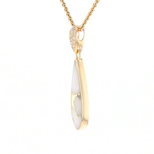 Gold Quartz Necklace, Tear Drop Inlaid Design with 0.11ctw Diamond Pave Pendant G2