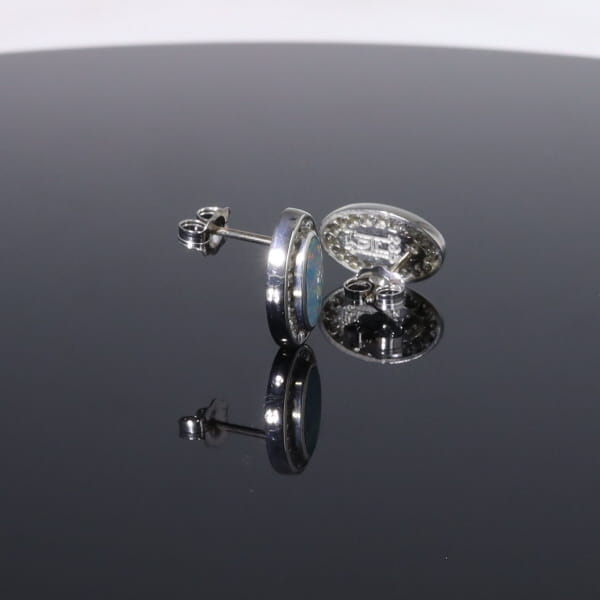 Opal Earrings Oval Inlaid with .25ctw Round Diamond Halo Studs